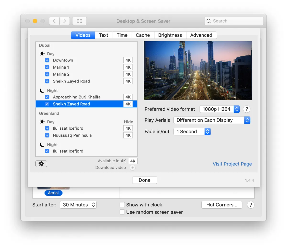 Aerial's settings with a list of aerial videos