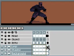 Aseprite's animation timeline with layers and frames