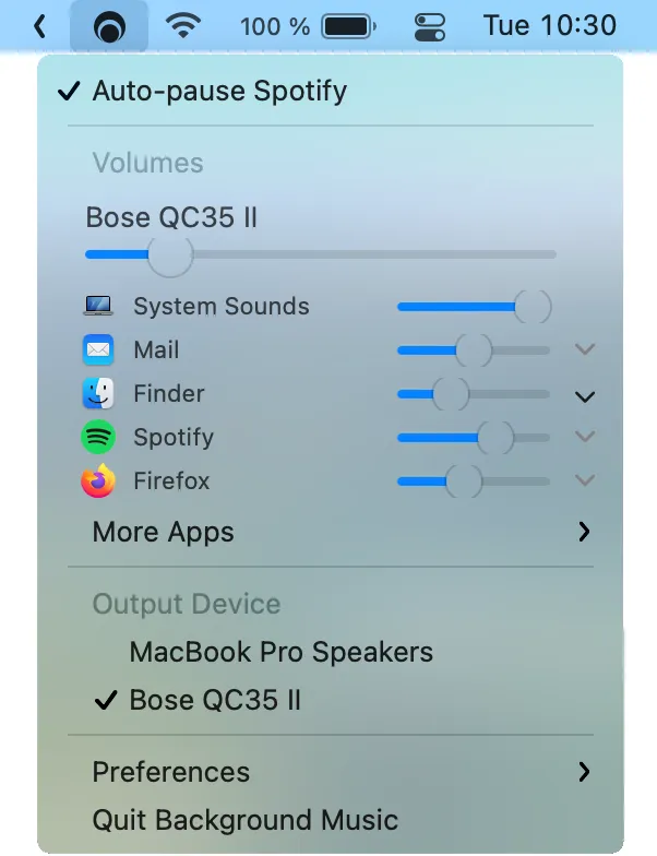 Background Music's menu with per-app volume sliders