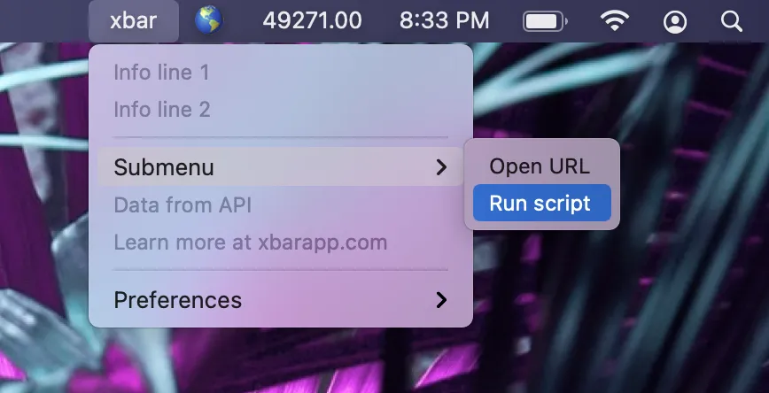 xbar showing a custom menu in the menu bar