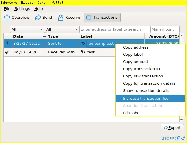 Bitcoin Core's wallet with a list of transactions