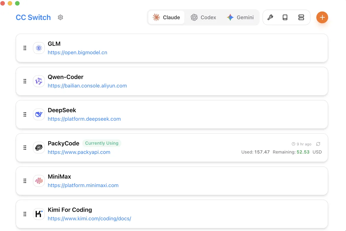 CC Switch's main window listing AI API providers