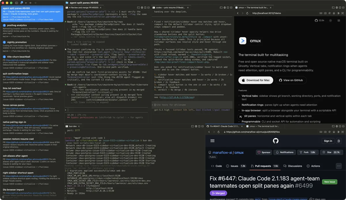 cmux with a vertical tab sidebar, split terminals, and a browser pane