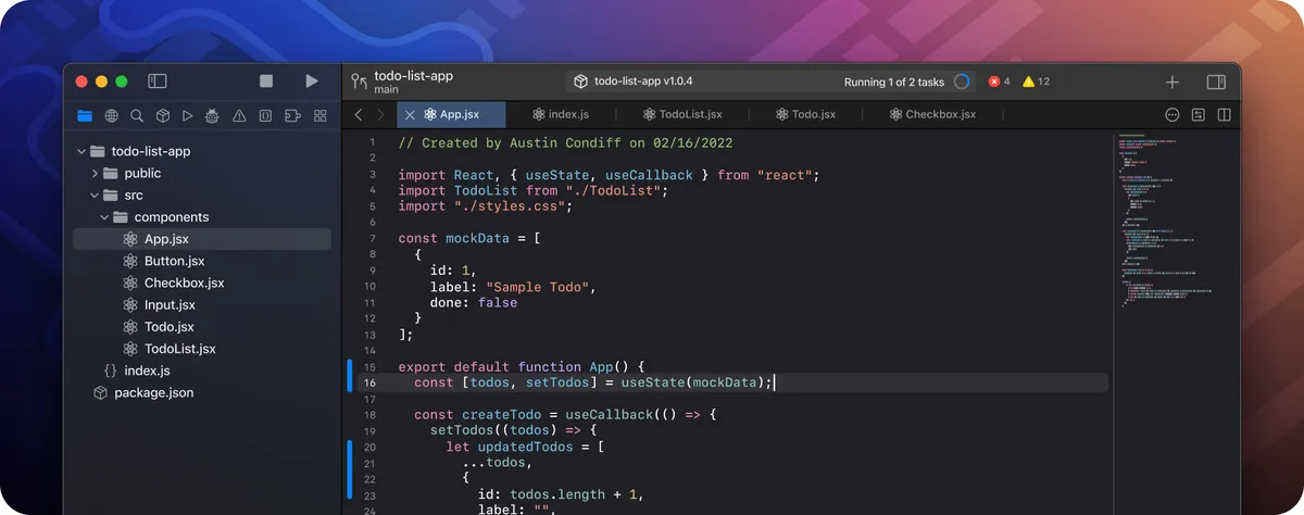 CodeEdit with a file navigator and code open in the editor