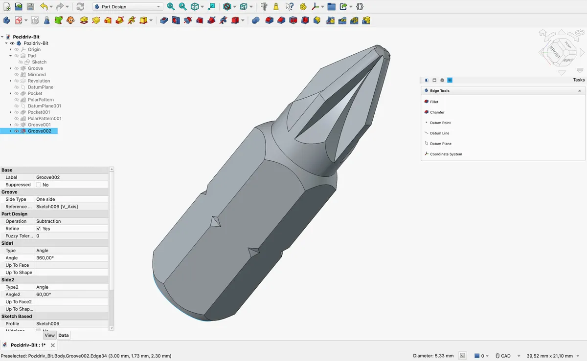 FreeCAD modeling a 3D part