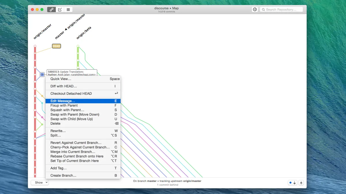 GitUp's commit graph with a context menu