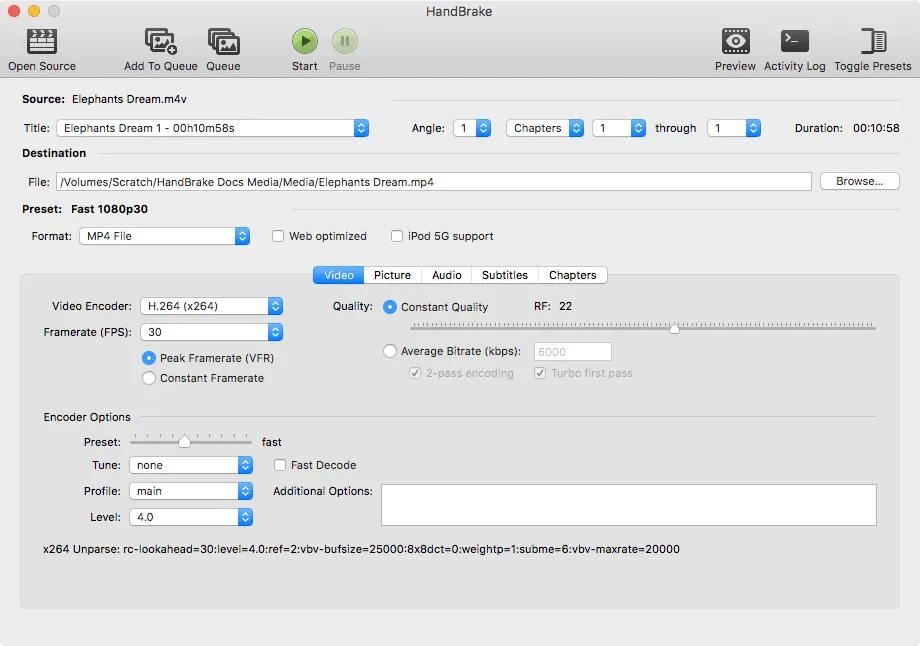 HandBrake's main window with output settings