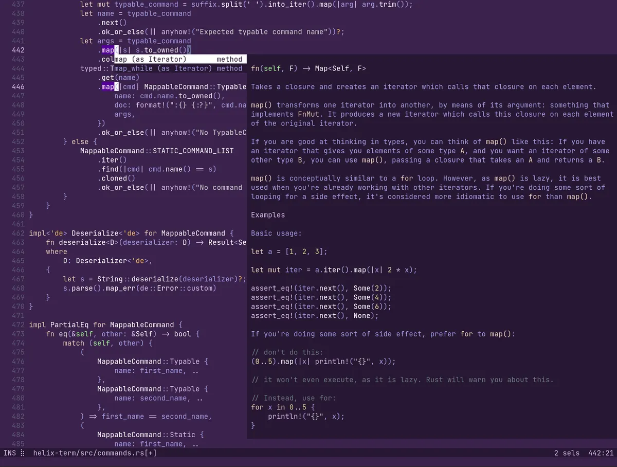The Helix editor with code and a file picker