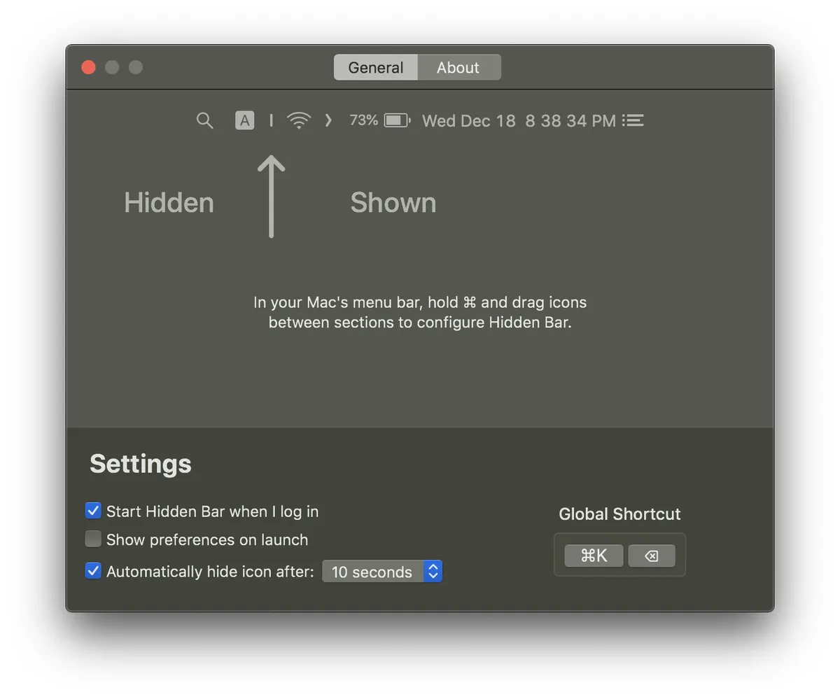 Hidden Bar's settings with hidden and shown sections