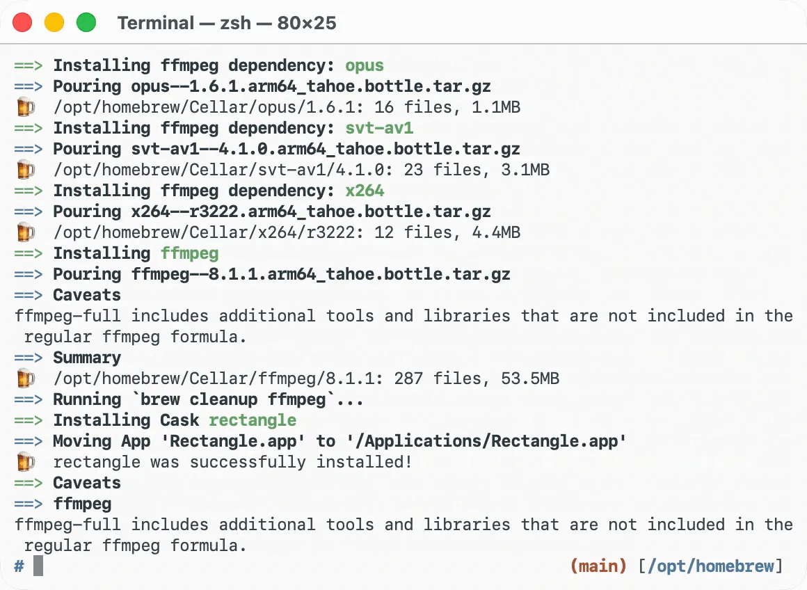 Homebrew installing ffmpeg and Rectangle in the Terminal