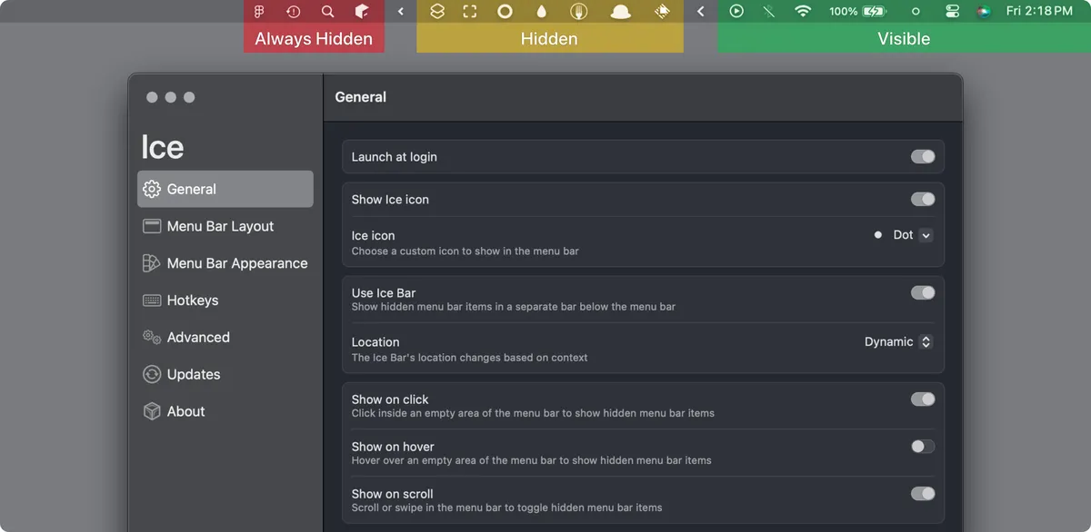 Ice's settings window with hidden and visible menu bar sections