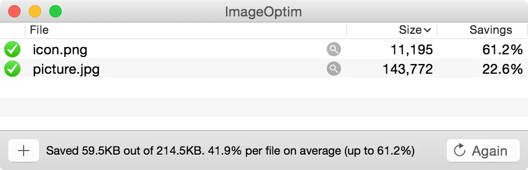 ImageOptim showing files and the space saved