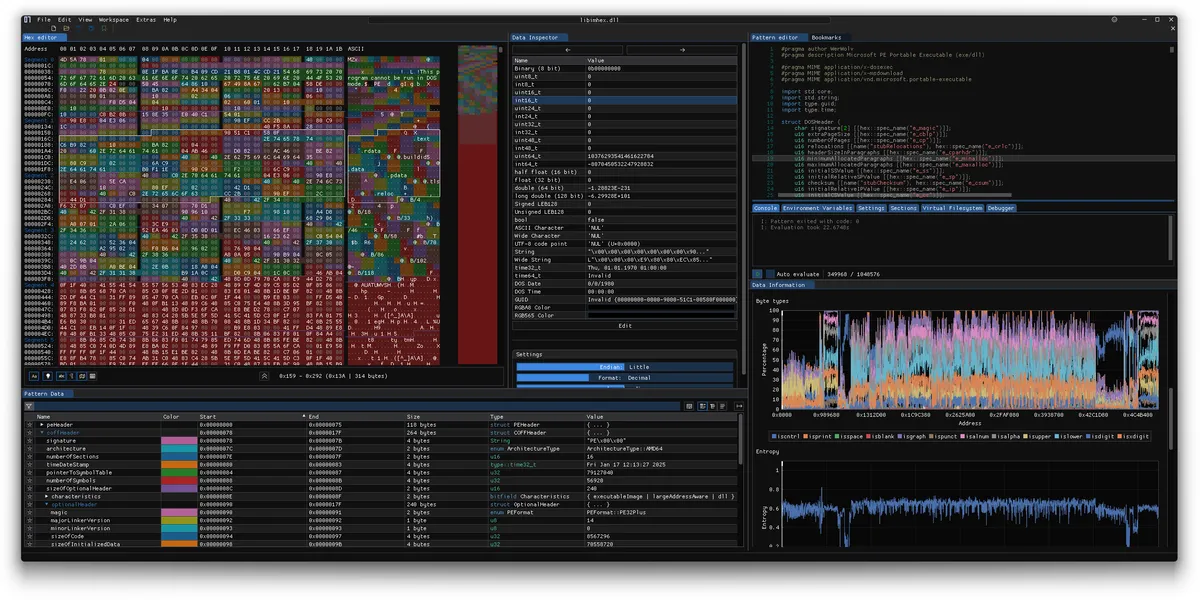 ImHex showing a file in hex with data inspectors