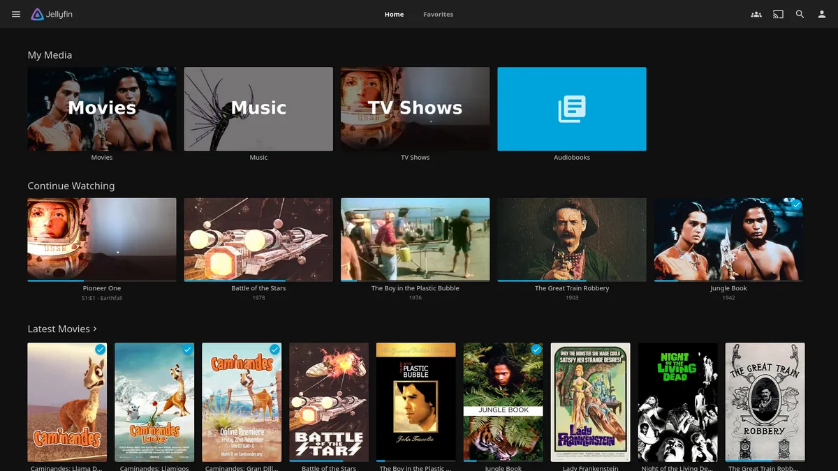 Jellyfin's home screen with movies, music, and TV shows