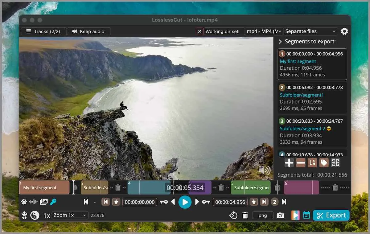 LosslessCut with a video timeline and cut segments