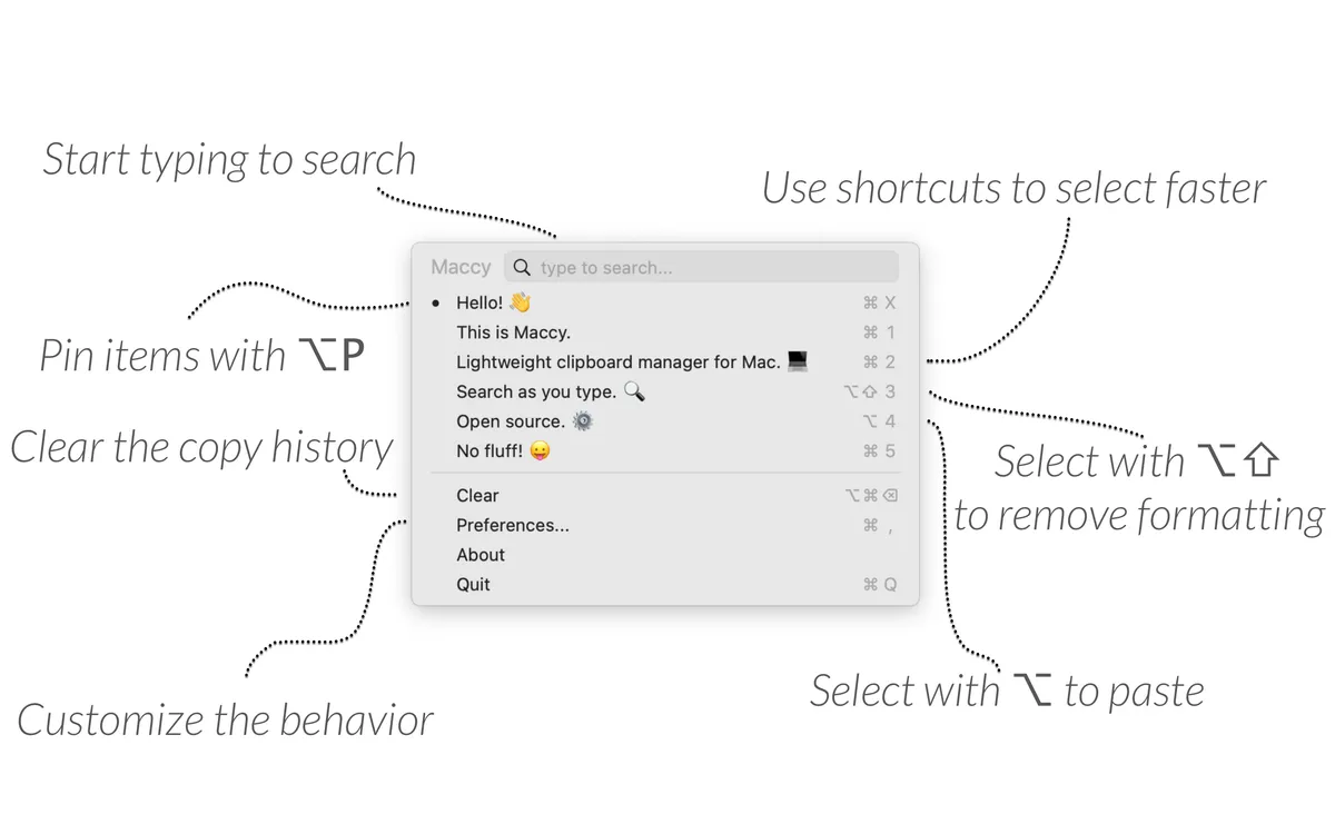 Maccy's clipboard history menu with search and shortcut tips