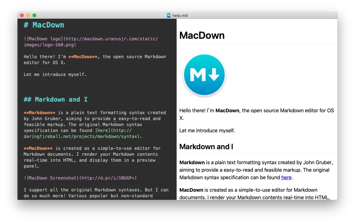 MacDown with Markdown on the left and a live preview on the right