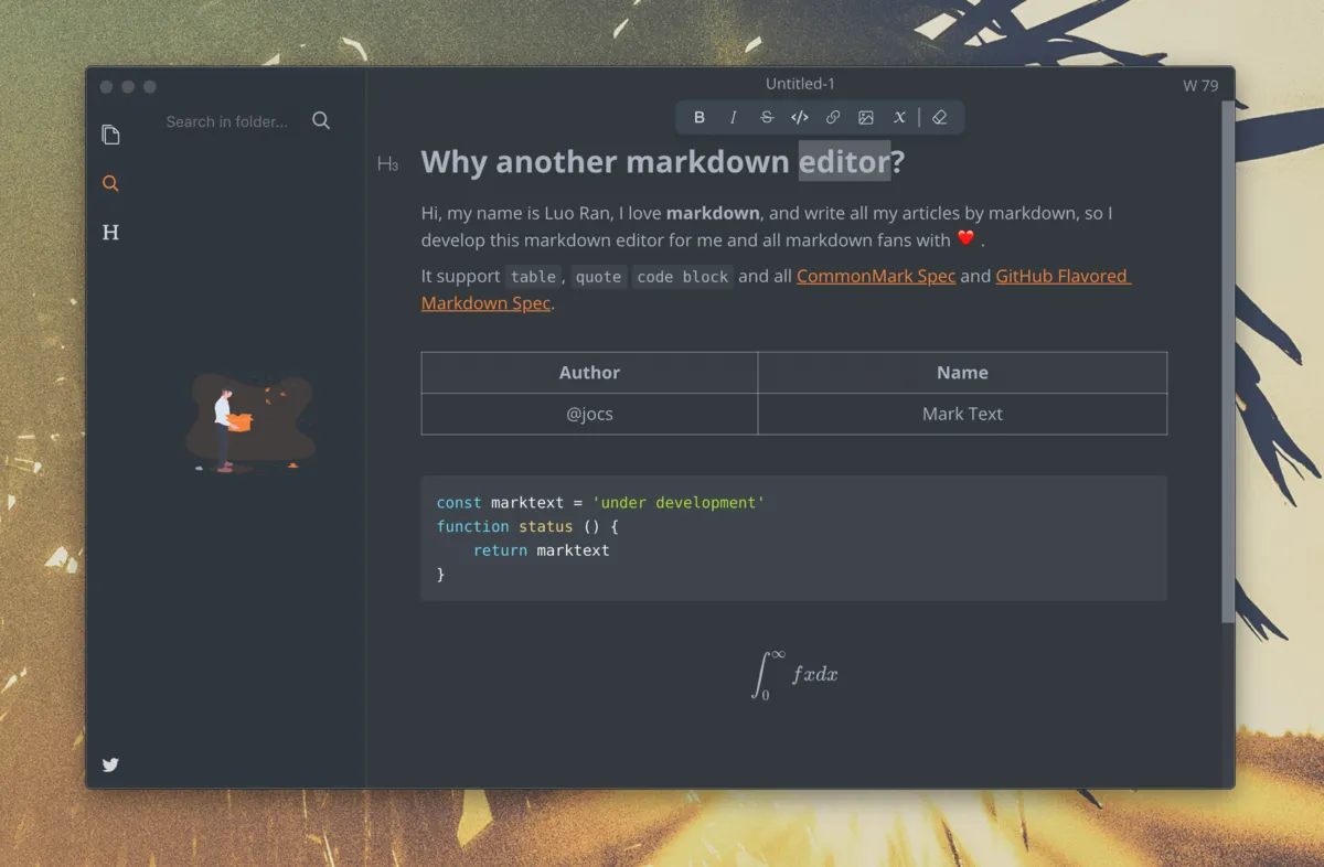 MarkText editing a Markdown document