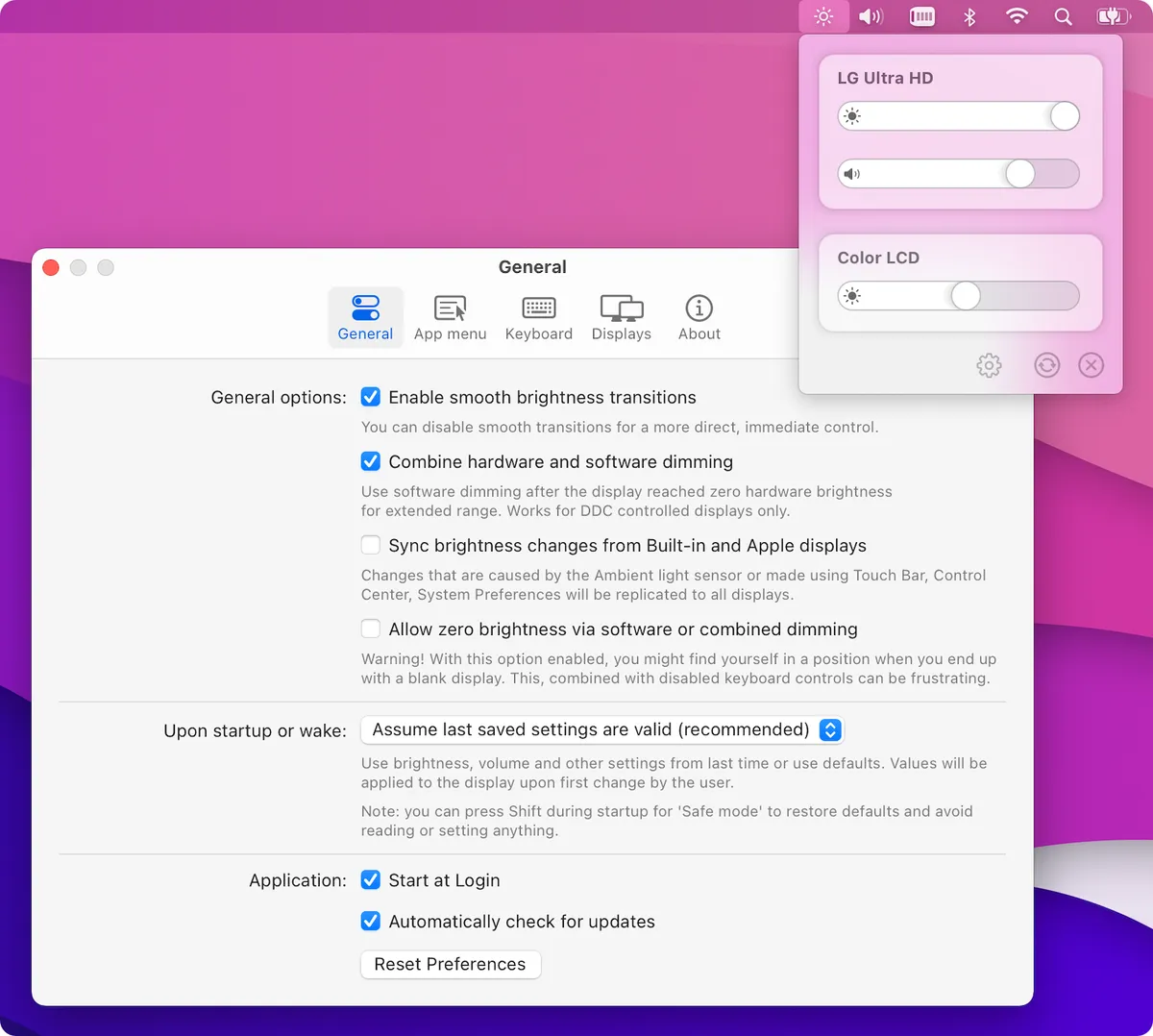MonitorControl's menu with brightness and volume sliders, and its settings window
