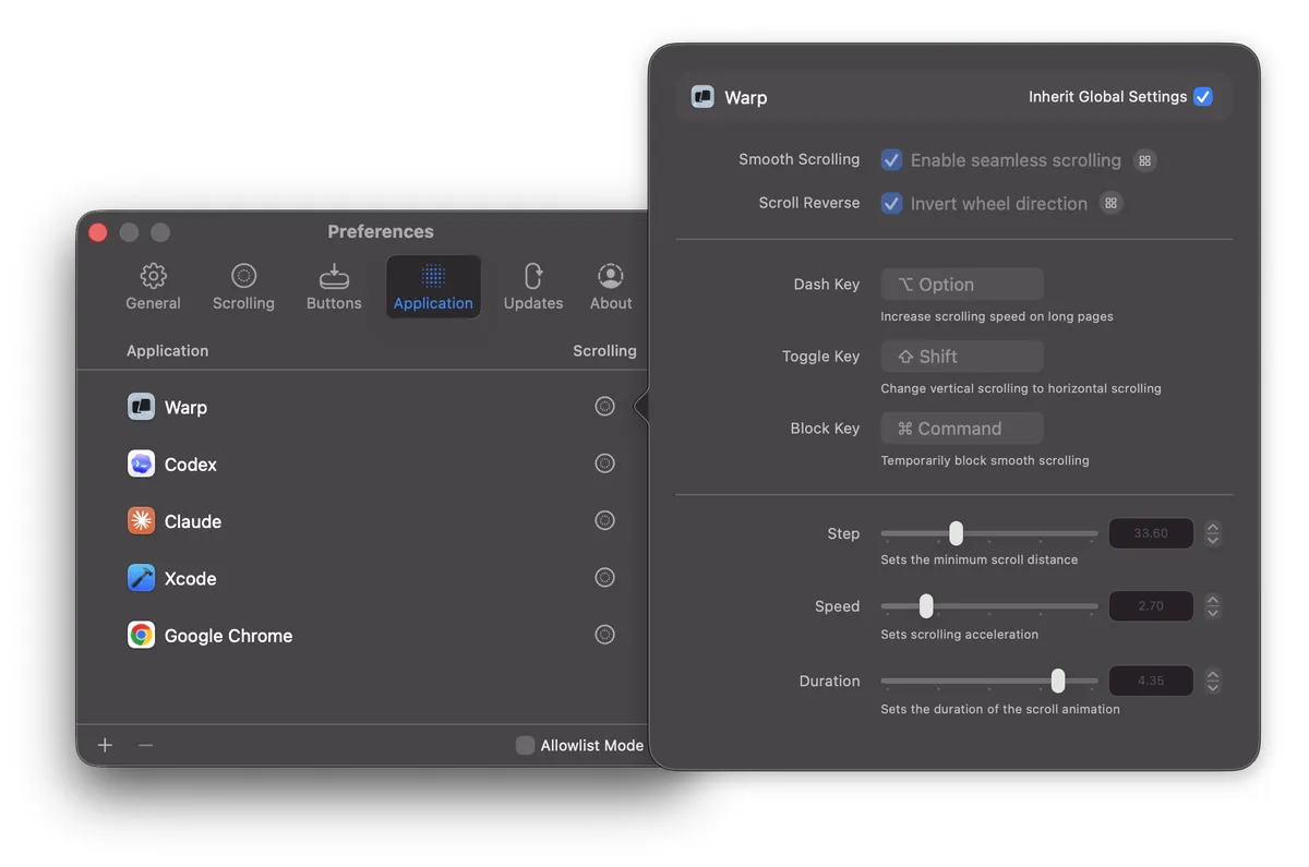 Mos settings with per-app scrolling options