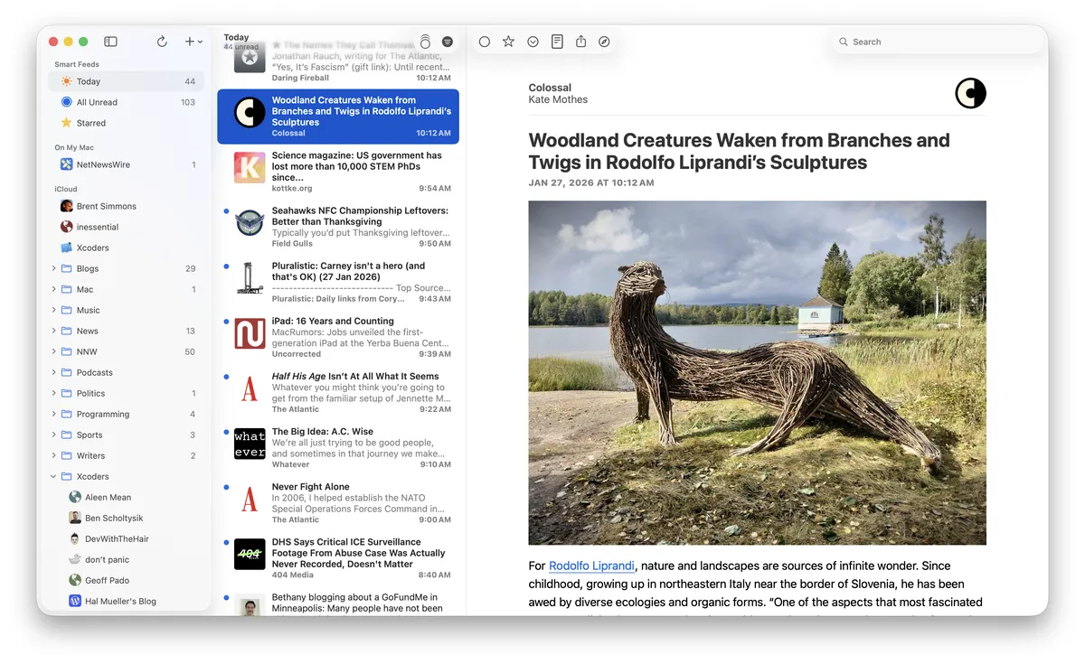NetNewsWire showing a list of articles and an open story