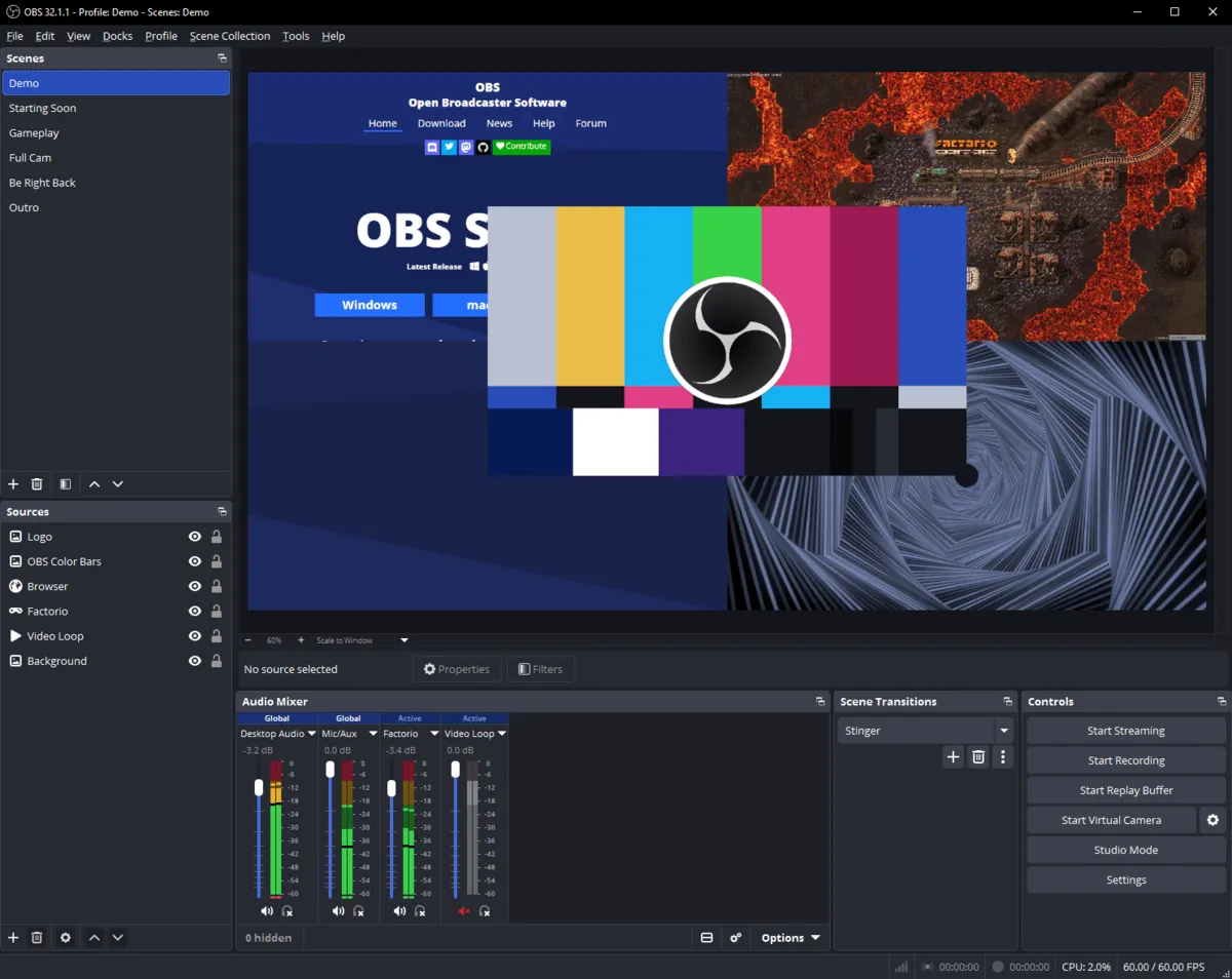 The OBS Studio window with a scene preview and audio mixer