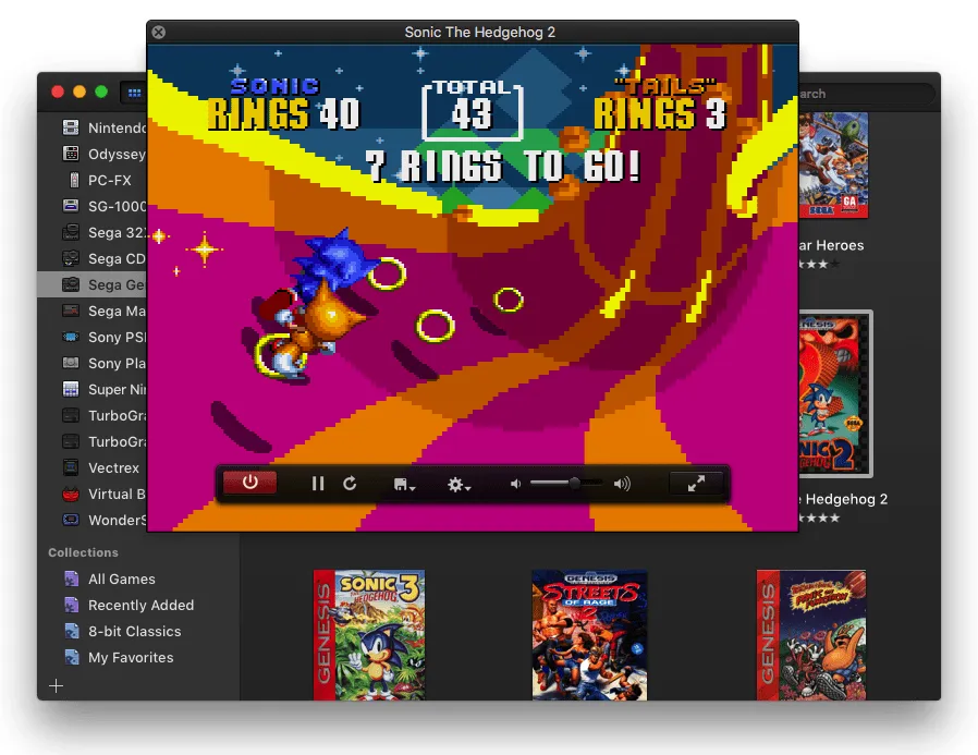 OpenEmu's game library with Sonic playing