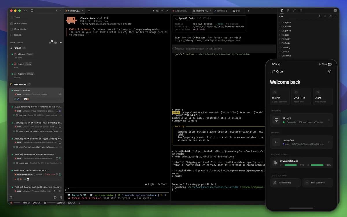 Orca running several coding agents side by side