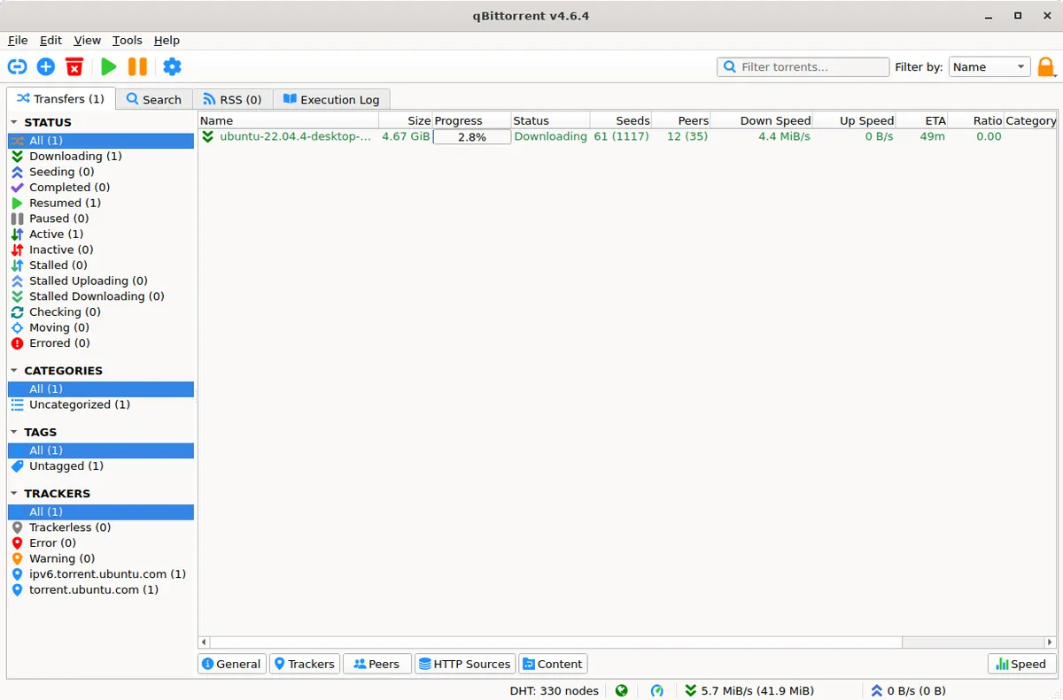 qBittorrent's main window with a download in progress