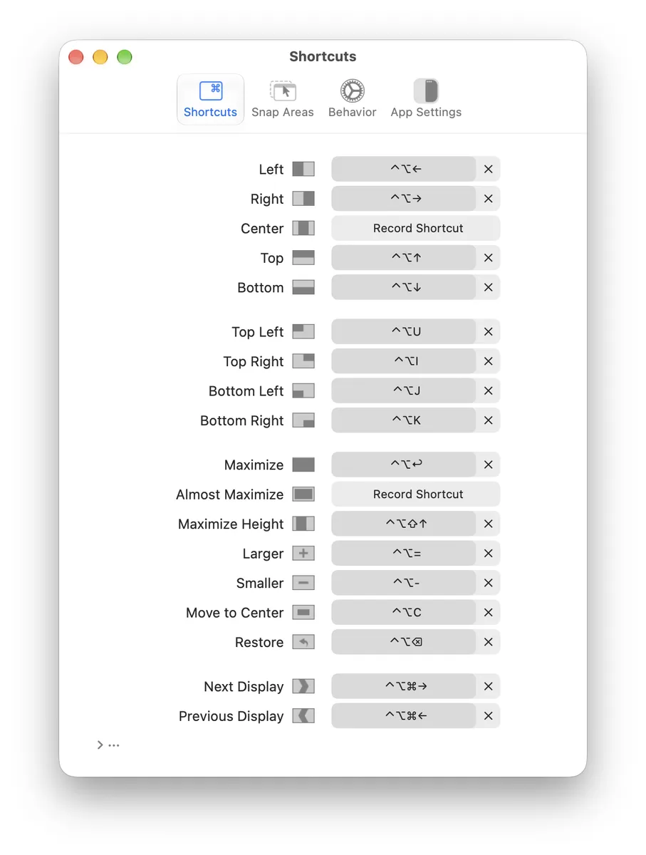Rectangle's settings with keyboard shortcuts for each window position