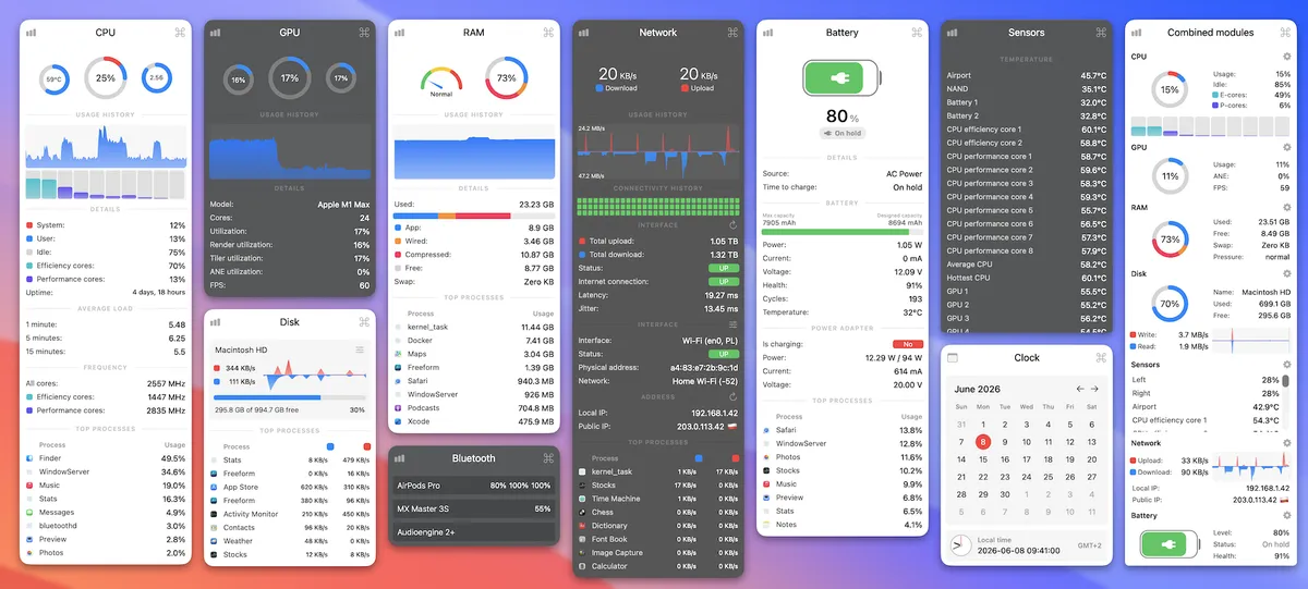Stats menu bar panels for CPU, GPU, memory, disk, network, and battery
