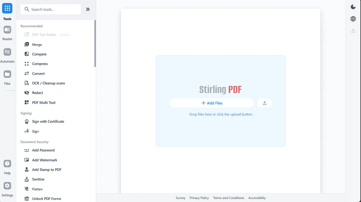 Stirling-PDF's dashboard with its list of PDF tools