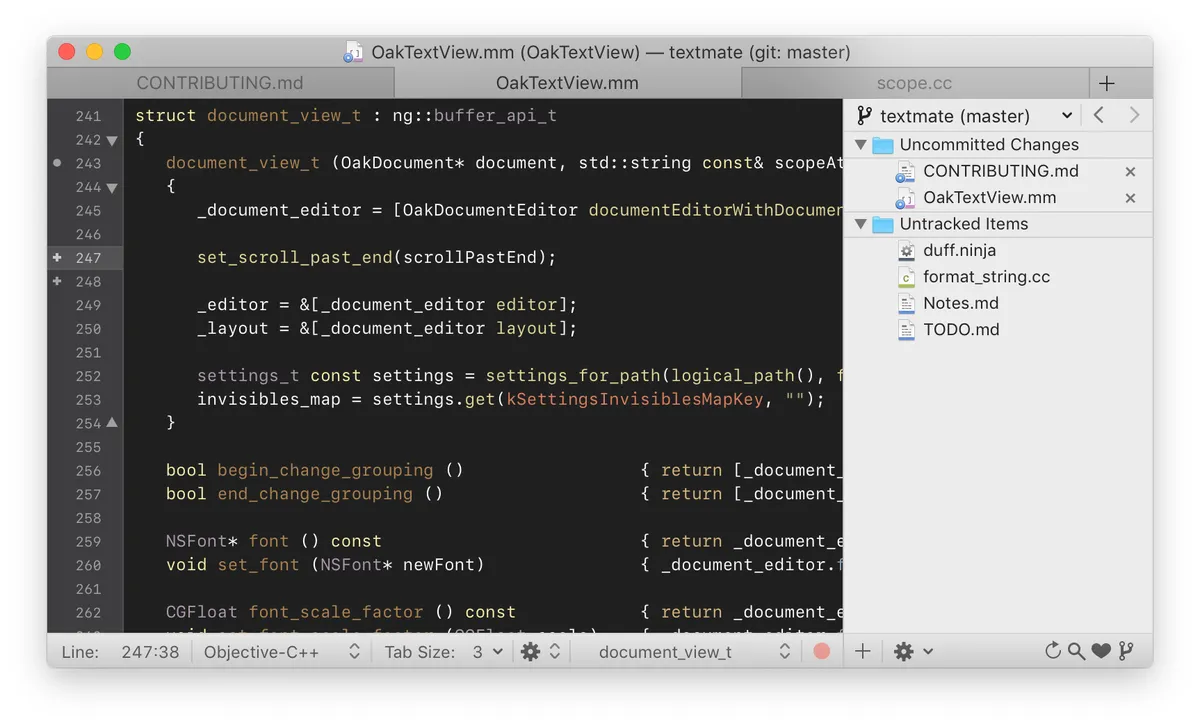 TextMate editing code with a file browser