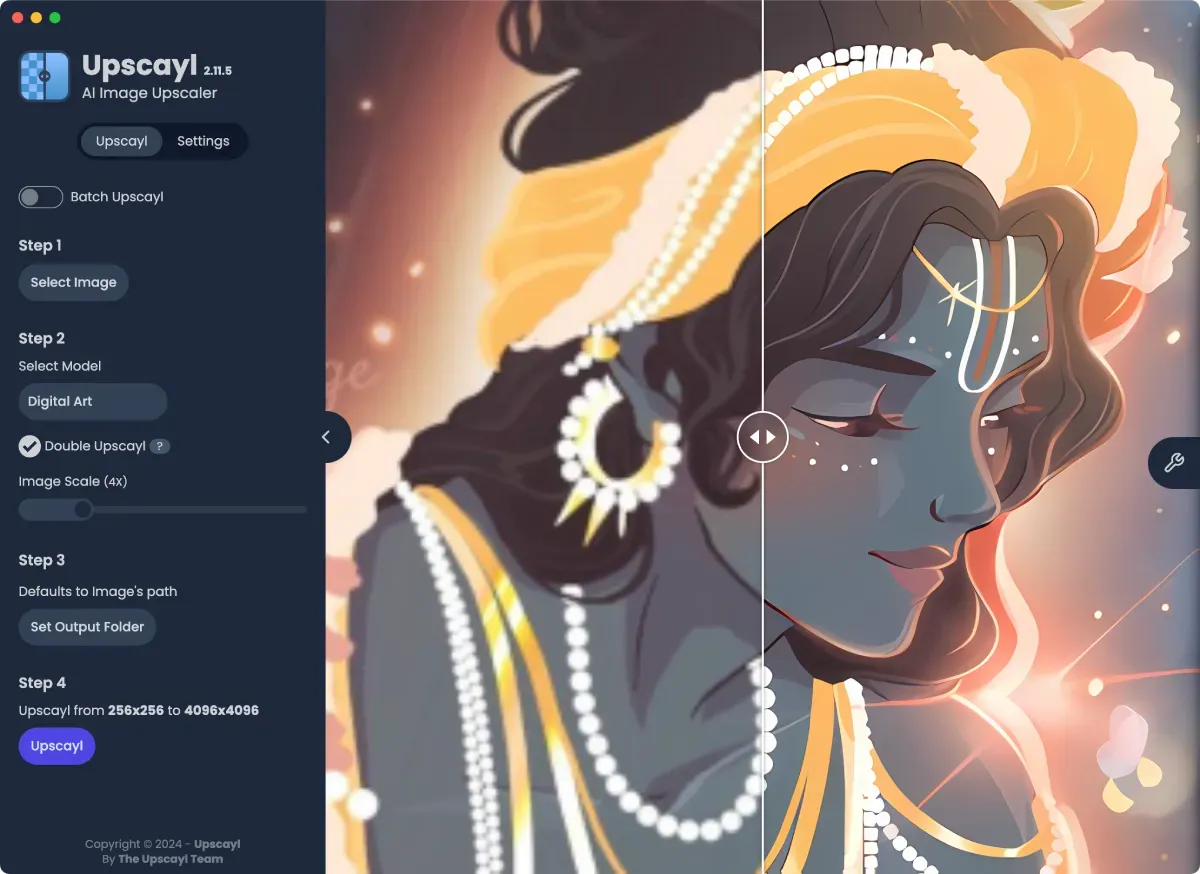 Upscayl showing a before and after comparison of an upscaled image