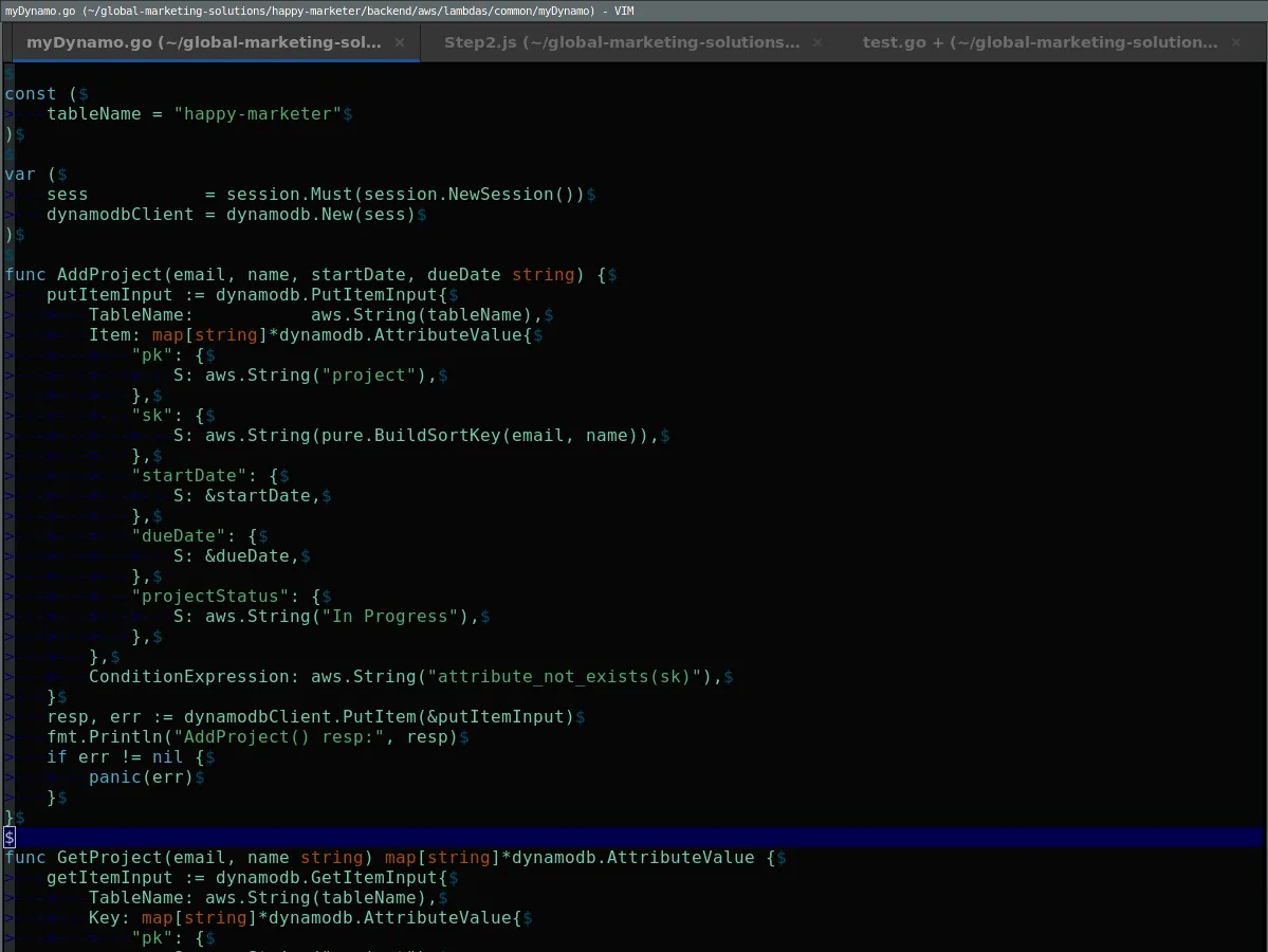 Vim editing code with a search results list