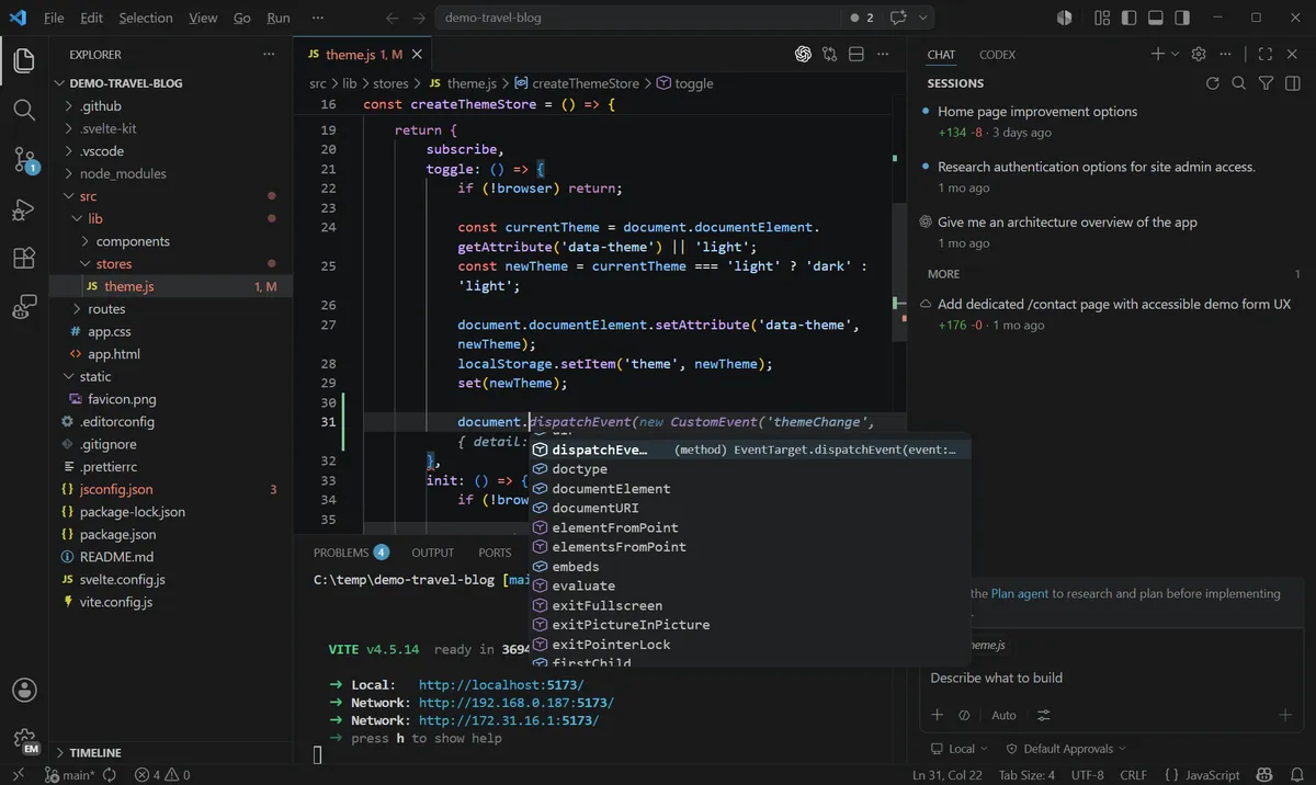 Visual Studio Code with code, a file tree, and the terminal