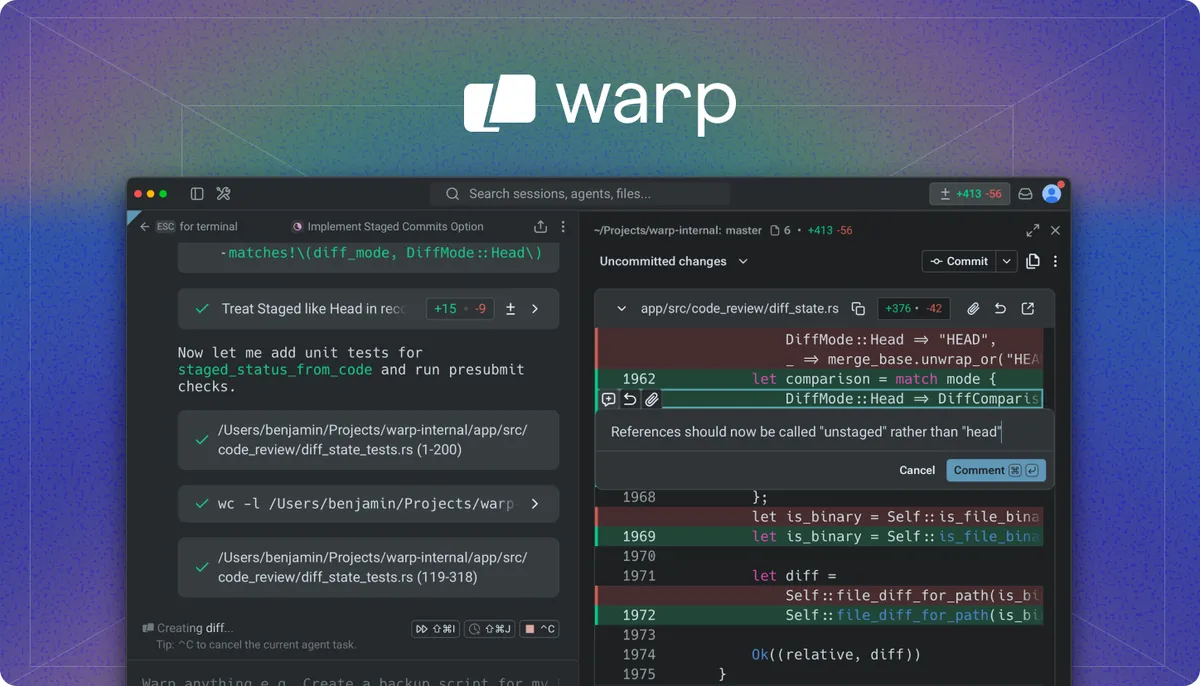 Warp with its built-in agent reviewing code