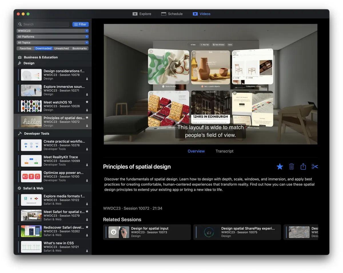 The WWDC app showing a session video and its details