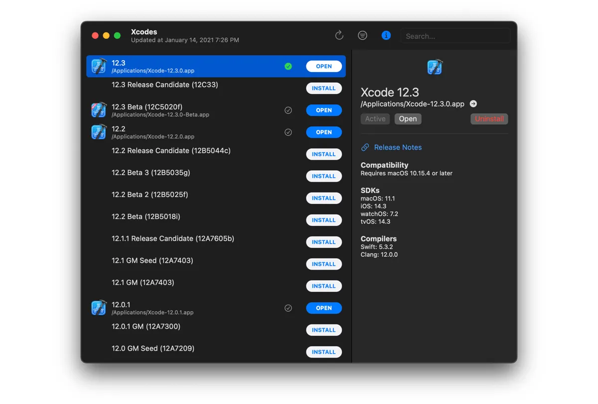 Xcodes listing Xcode versions to install