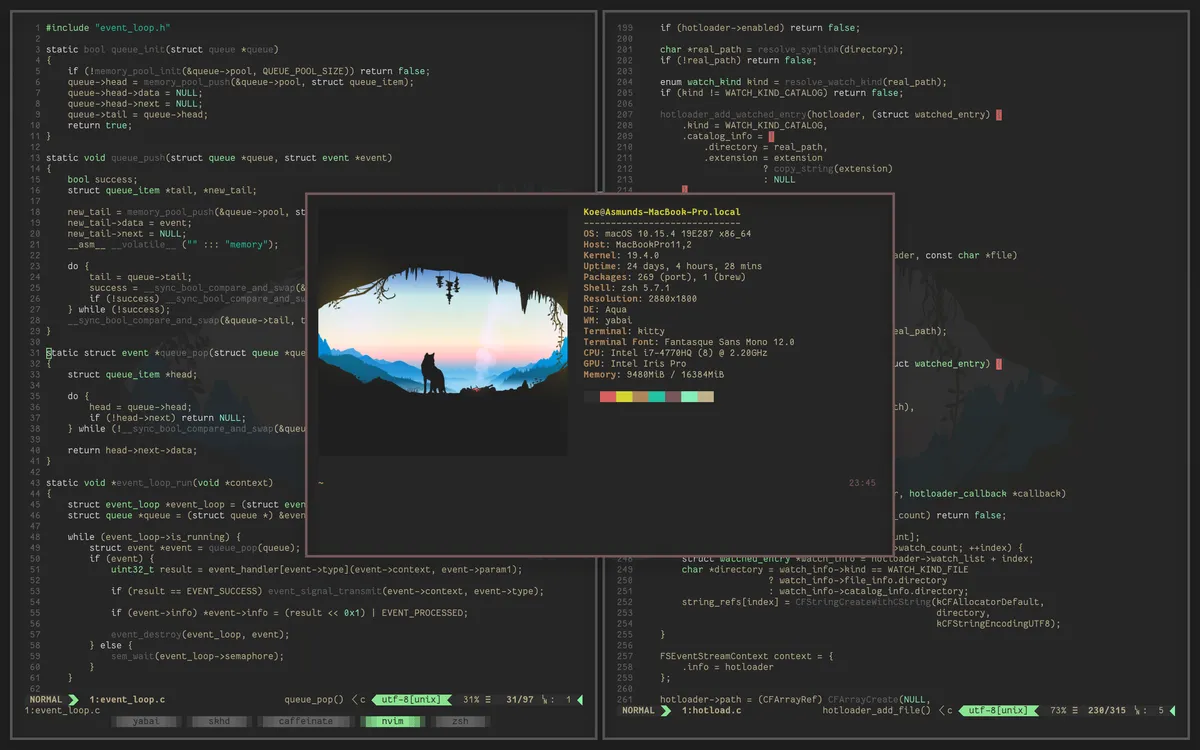A Mac desktop with windows tiled by yabai